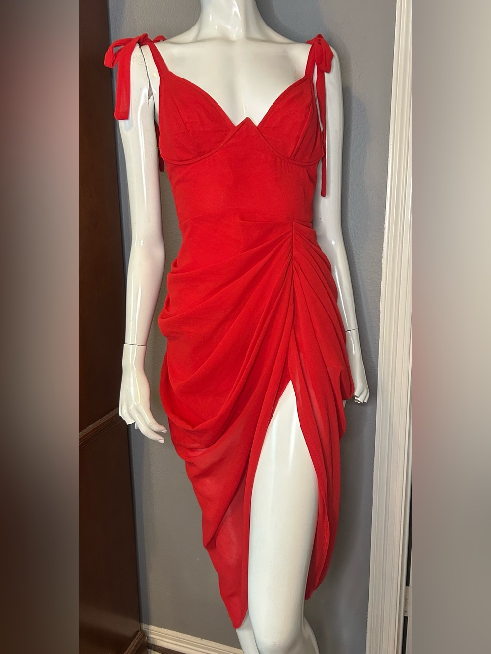 PLT Red Ruched High-Low Tie Strap Midi Dress